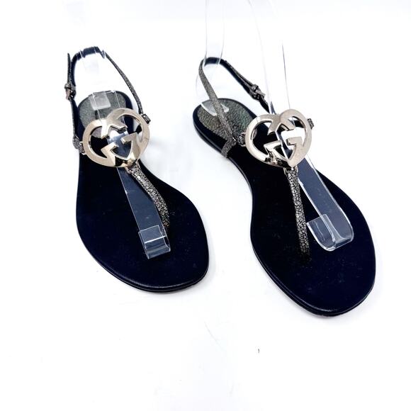 GUCCI GG Black Silver Logo Monogram Ellesmere Heart Designer Vintage Sandals 36 - Picture 1 of 10